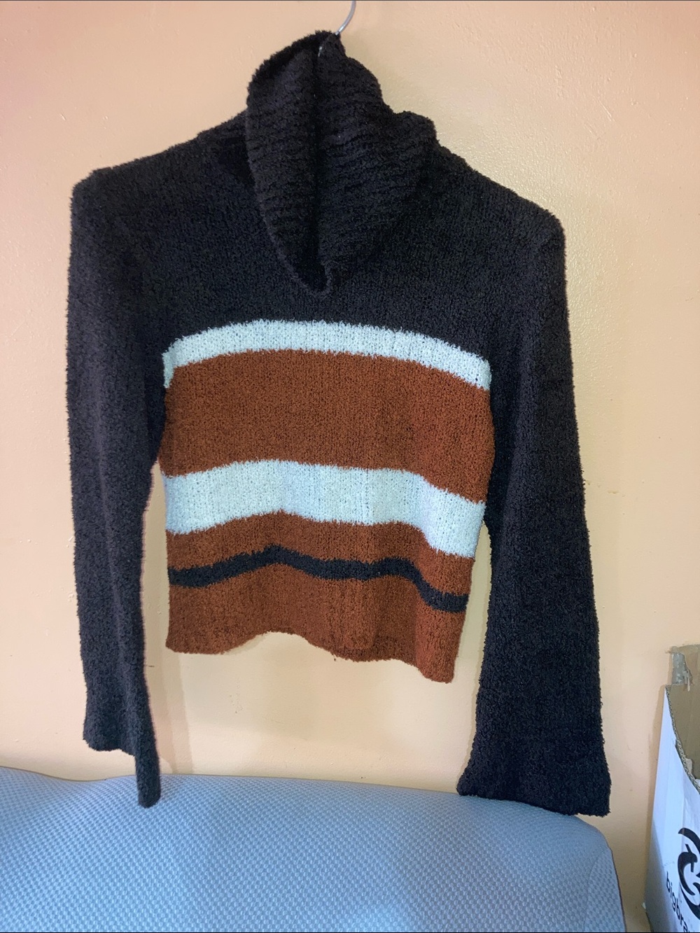 Striped Cowl Neck Sweater in Black, Brown & Cream